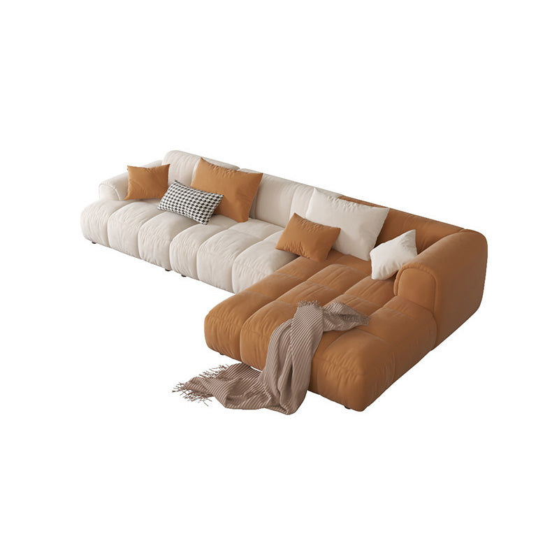 L-Shape Velvet Sectional with Recessed Arm and Pillow Back for Apartment 118"L x 63"W x 27"H Beige Orange Right Clearhalo 'furn' 'furn_sectionals' 'Furniture' 'Living Room Furniture' 'Sectionals' 5150297