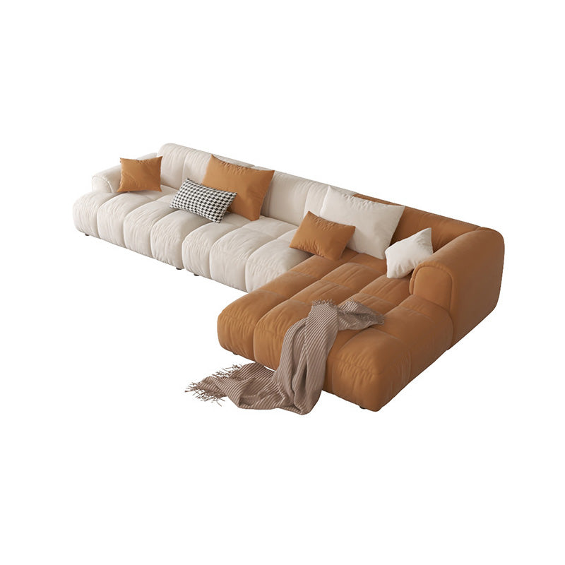 L-Shape Velvet Sectional with Recessed Arm and Pillow Back for Apartment 130"L x 63"W x 27"H Beige Orange Right Clearhalo 'furn' 'furn_sectionals' 'Furniture' 'Living Room Furniture' 'Sectionals' 5150299