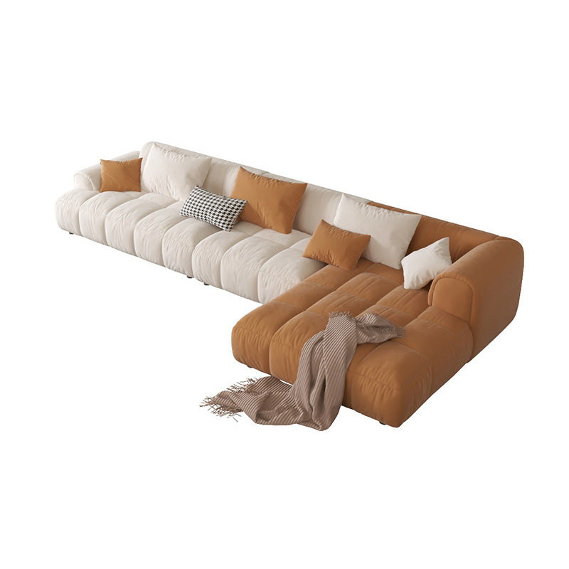 L-Shape Velvet Sectional with Recessed Arm and Pillow Back for Apartment 142"L x 63"W x 27"H Beige Orange Right Clearhalo 'furn' 'furn_sectionals' 'Furniture' 'Living Room Furniture' 'Sectionals' 5150300