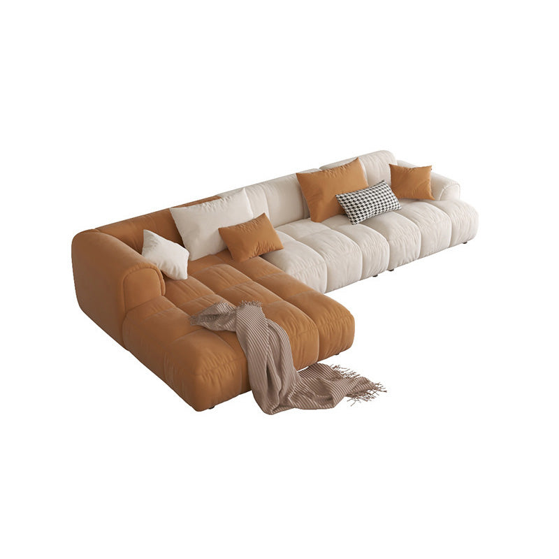 L-Shape Velvet Sectional with Recessed Arm and Pillow Back for Apartment 118"L x 63"W x 27"H Beige Orange Left Clearhalo 'furn' 'furn_sectionals' 'Furniture' 'Living Room Furniture' 'Sectionals' 5150301