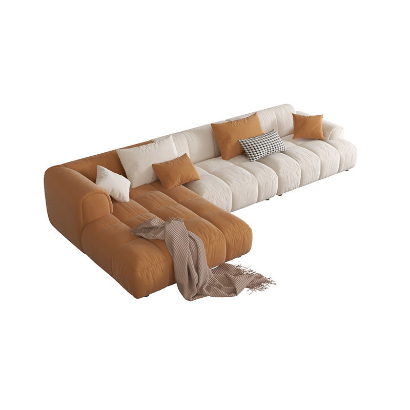 L-Shape Velvet Sectional with Recessed Arm and Pillow Back for Apartment 130"L x 63"W x 27"H Beige Orange Left Clearhalo 'furn' 'furn_sectionals' 'Furniture' 'Living Room Furniture' 'Sectionals' 5150302