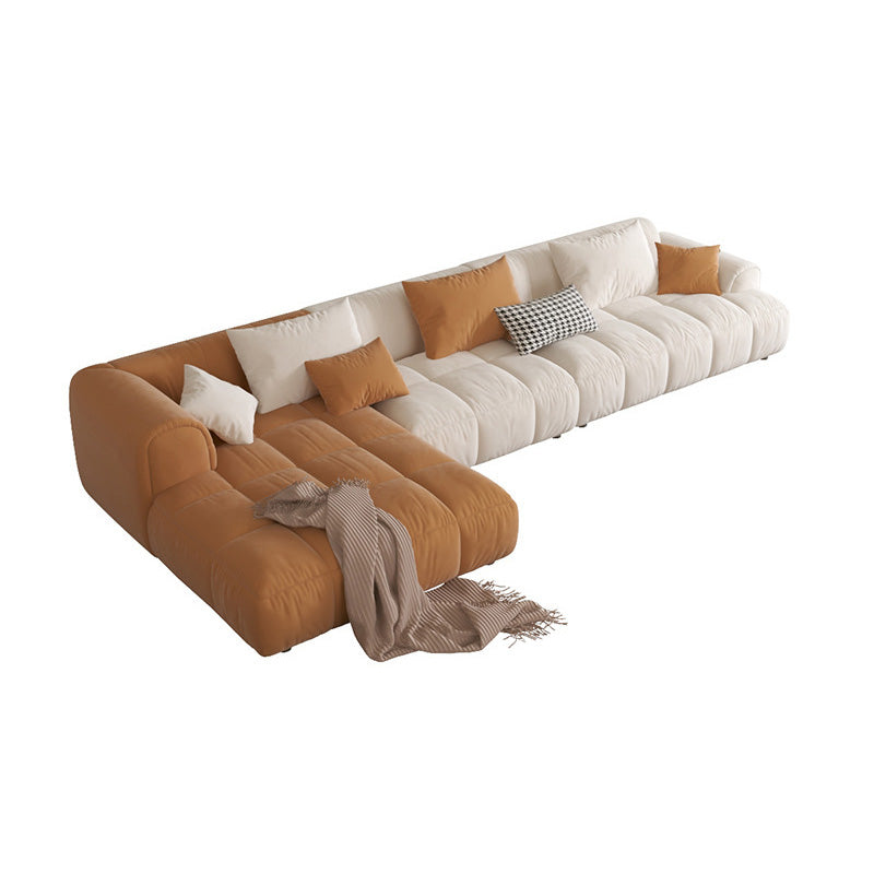 L-Shape Velvet Sectional with Recessed Arm and Pillow Back for Apartment 142"L x 63"W x 27"H Beige Orange Left Clearhalo 'furn' 'furn_sectionals' 'Furniture' 'Living Room Furniture' 'Sectionals' 5150303