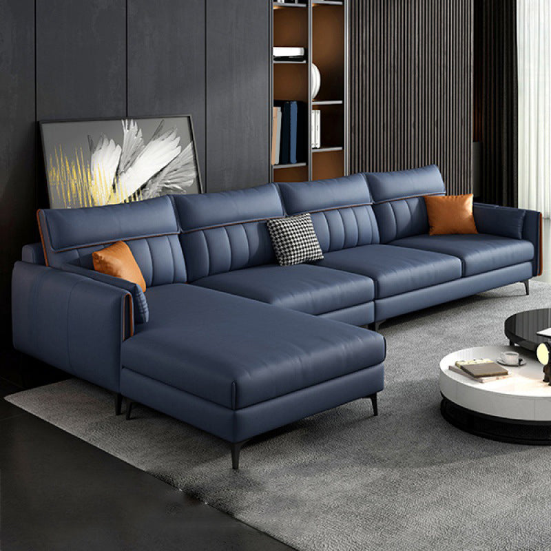 Faux Leather Stain-Resistant Sectional with Pillow Back for Four People Dark Blue Left Clearhalo 'furn' 'furn_sectionals' 'Furniture' 'Living Room Furniture' 'Sectionals' 5150455