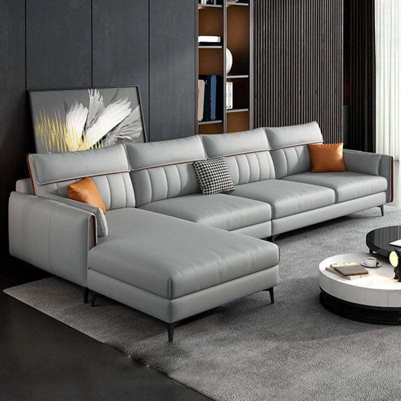 Faux Leather Stain-Resistant Sectional with Pillow Back for Four People Light Gray Left Clearhalo 'furn' 'furn_sectionals' 'Furniture' 'Living Room Furniture' 'Sectionals' 5150457