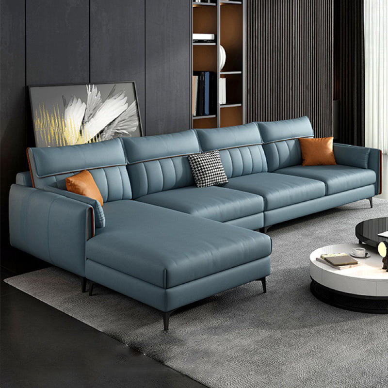 Faux Leather Stain-Resistant Sectional with Pillow Back for Four People Lake Blue Left Clearhalo 'furn' 'furn_sectionals' 'Furniture' 'Living Room Furniture' 'Sectionals' 5150461