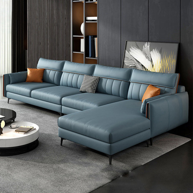 Faux Leather Stain-Resistant Sectional with Pillow Back for Four People Lake Blue Right Clearhalo 'furn' 'furn_sectionals' 'Furniture' 'Living Room Furniture' 'Sectionals' 5150463
