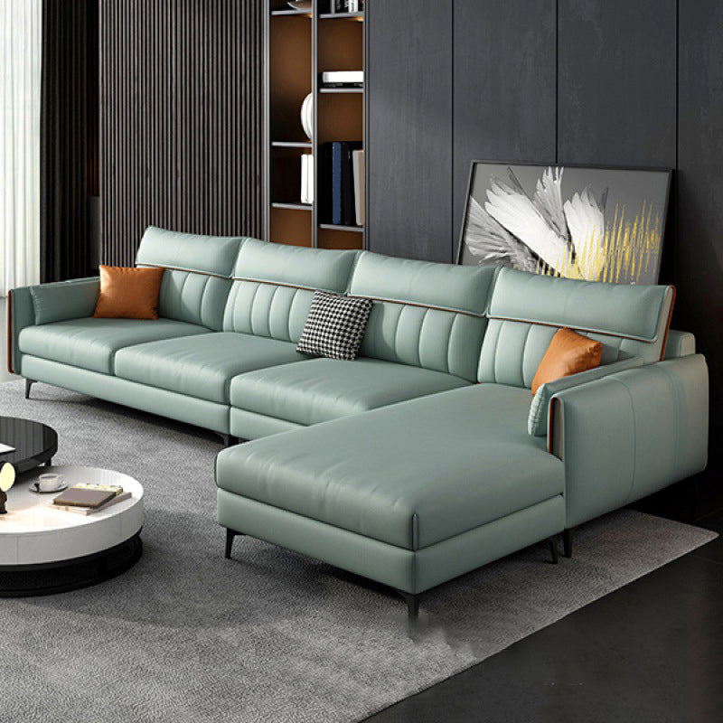 Faux Leather Stain-Resistant Sectional with Pillow Back for Four People Light Blue Right Clearhalo 'furn' 'furn_sectionals' 'Furniture' 'Living Room Furniture' 'Sectionals' 5150464