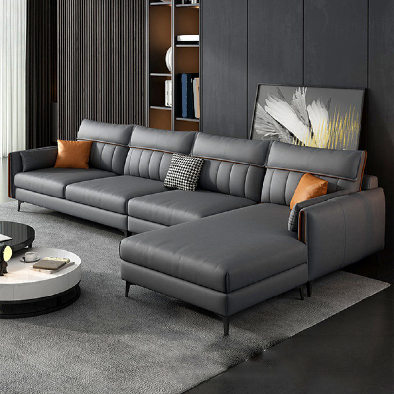 Faux Leather Stain-Resistant Sectional with Pillow Back for Four People Dark Gray Right Clearhalo 'furn' 'furn_sectionals' 'Furniture' 'Living Room Furniture' 'Sectionals' 5150467