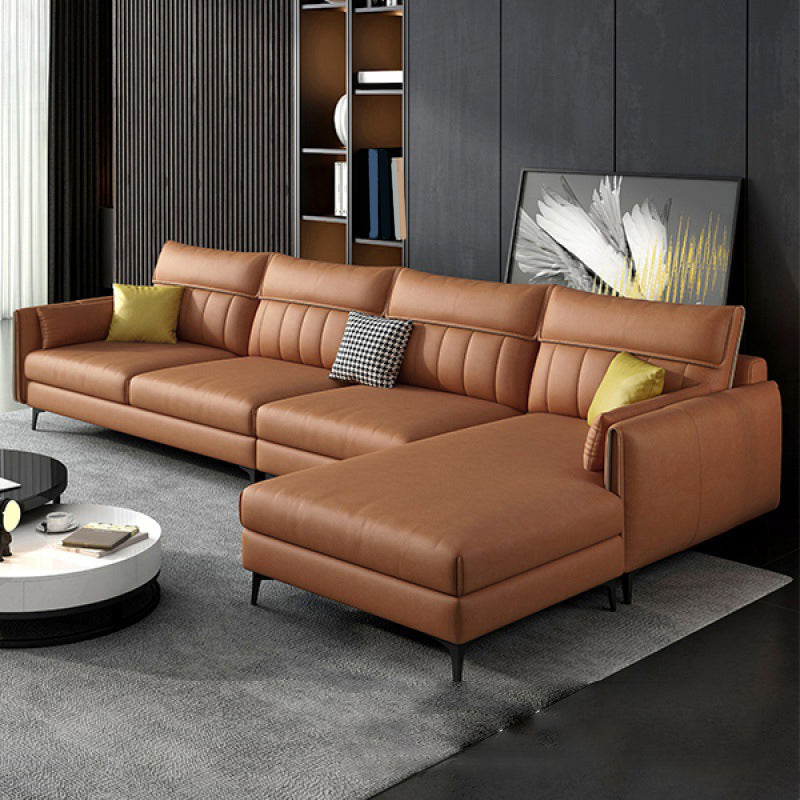 Faux Leather Stain-Resistant Sectional with Pillow Back for Four People Orange Right Clearhalo 'furn' 'furn_sectionals' 'Furniture' 'Living Room Furniture' 'Sectionals' 5150469