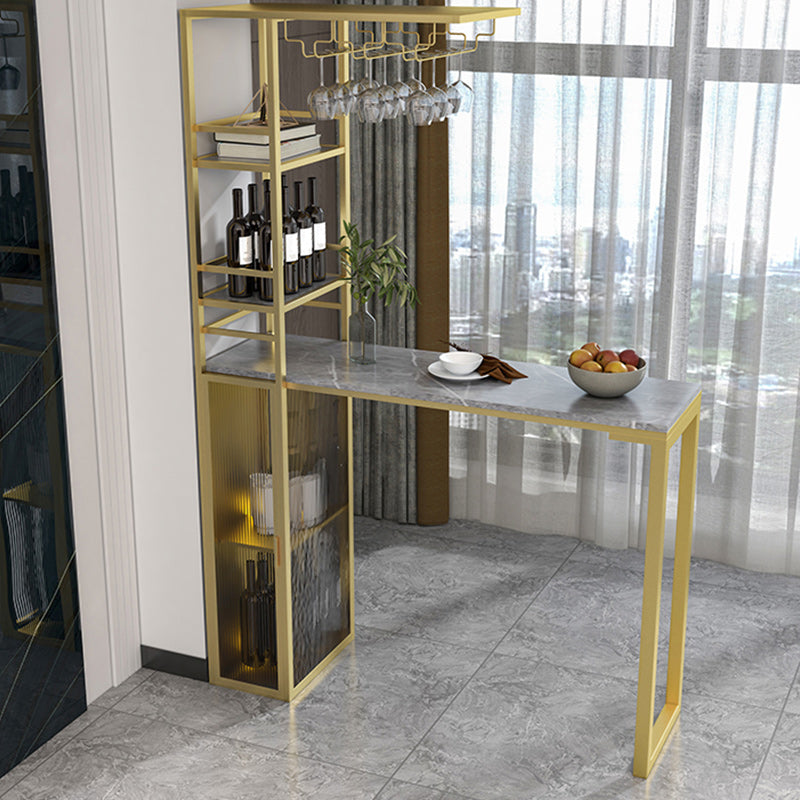 Stone Bar Dining Table Glam Rectangle Bar Table with Double Pedestal for Porch Balcony