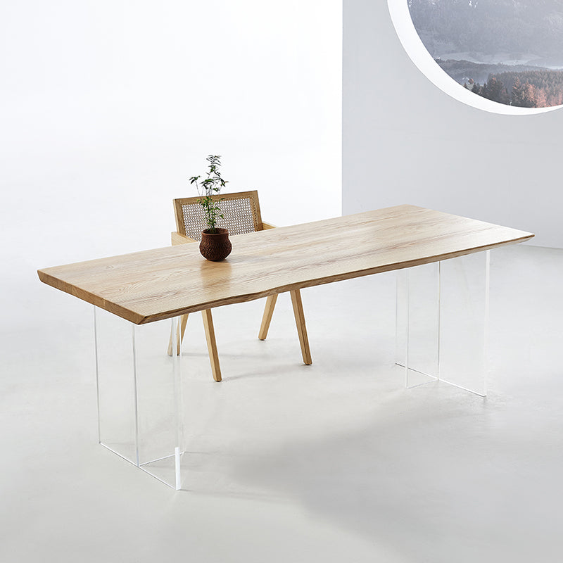 Natural Ash Wood Dining Table Rectangle Clear Acrylic Double Pedestal Table 110.2"L x 35.4"W x 29.5"H Without Chairs Clearhalo 'Dining Tables & Seating' 'Dining Tables' 'dining_table' 'furn' 'furn_dining_table' 'Furniture' 'Kitchen & Dining Furniture' 5155204