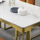 Esstisch im Glam-Stil mit Steinplatte und goldenem Sockel für das Wohnzimmer