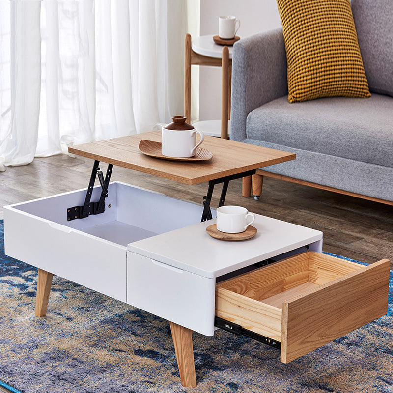 Retangular Natural Wood 4 Legs Coffee Table 1 Single Modern Cocktail Table with Drawers