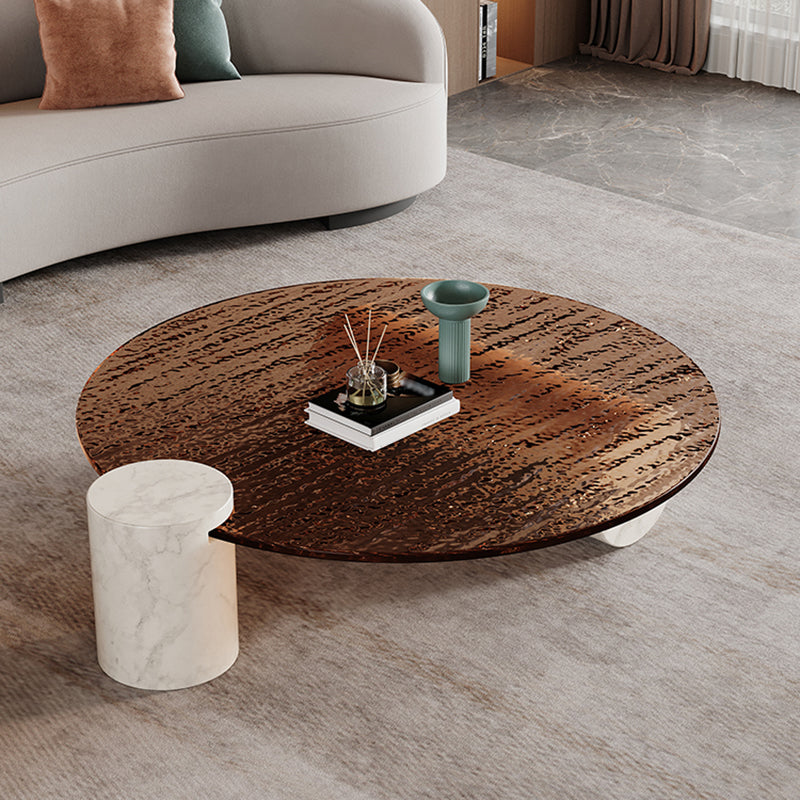 Moderner Marmor-Couchtisch mit 2 Beinen, runder Cocktailtisch mit Glasplatte, transparent
