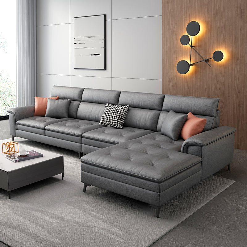 Faux Leather Stain-Resistant L-Shape Sectional Sofa with Chaise for Four People Gray Right Clearhalo 'furn' 'furn_sectionals' 'Furniture' 'Living Room Furniture' 'Sectionals' 5158634