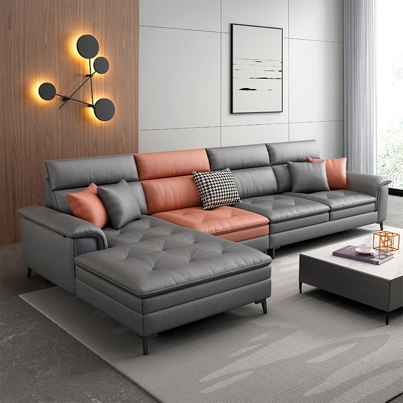 Faux Leather Stain-Resistant L-Shape Sectional Sofa with Chaise for Four People Orange Gray Left Clearhalo 'furn' 'furn_sectionals' 'Furniture' 'Living Room Furniture' 'Sectionals' 5158640