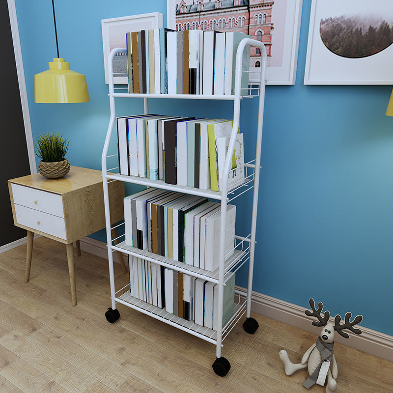 Modern Steel Bookshelf with Wheels Open Bookcase for Living Room