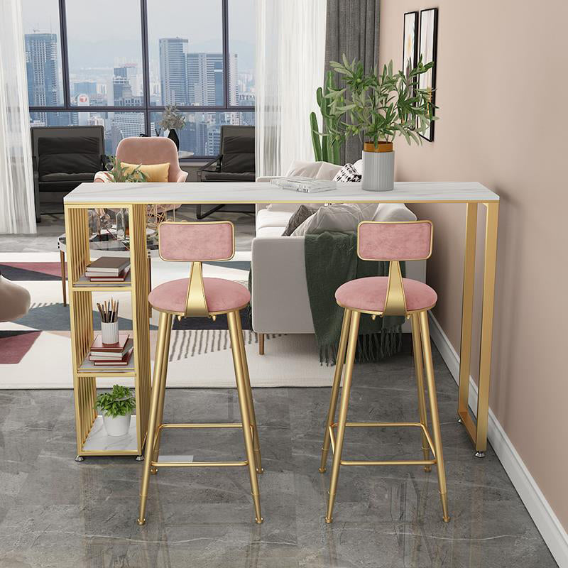 1/2/3 Pieces Glam Iron Bar Table Set Rectangle White Stone Top Bistro Set with Shelf 3 Pieces: Table, 2 Pink Chairs Clearhalo 'Bar Furniture' 'furn' 'furn_home_bar_bar_sets' 'Furniture' 'Home Bars & Bar Sets' 'home_bar_bar_sets' 'Kitchen & Dining Furniture' 5161622