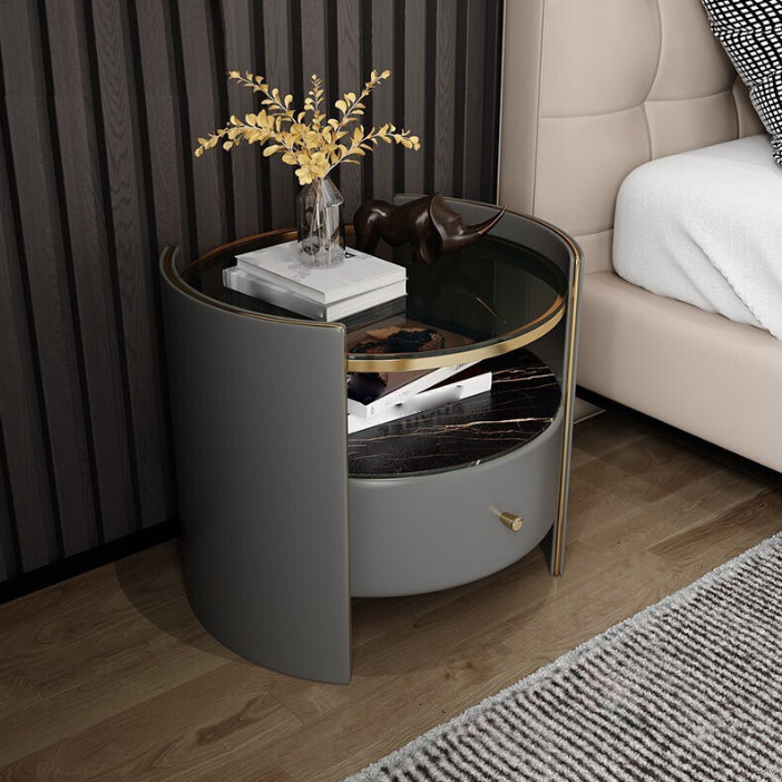 1-Drawer Glass Top Nightstand, 19.69" Tall 1-Shelf Leather Night Stand