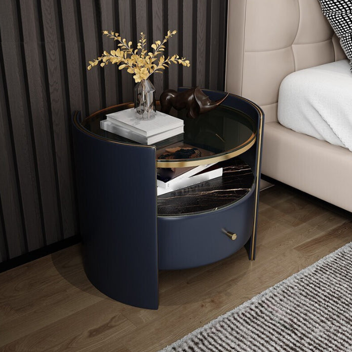 1-Drawer Glass Top Nightstand, 19.69" Tall 1-Shelf Leather Night Stand