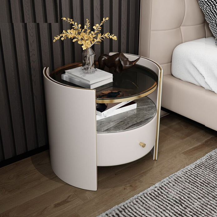 1-Drawer Glass Top Nightstand, 19.69" Tall 1-Shelf Leather Night Stand