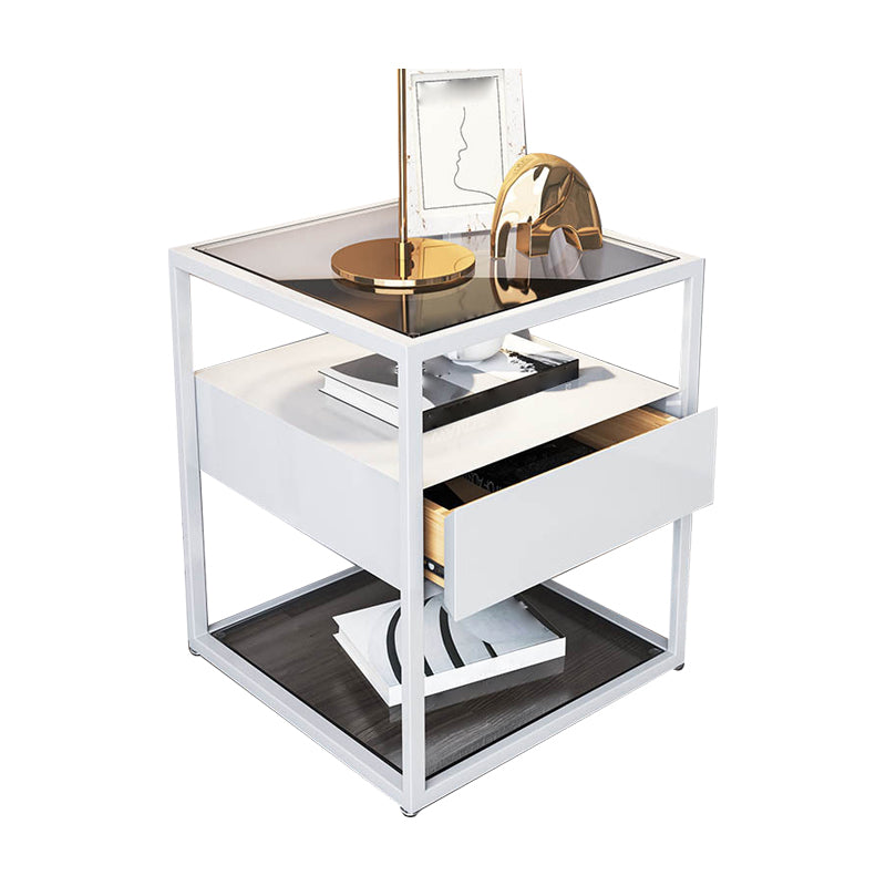 Modern Style Metallic White/gold/black Tempered Glass Table Top Nightstand White-Clear 1 Clearhalo 'Bedroom Furniture' 'furn' 'furn_night_stand' 'Furniture' 'night_stand' 'Nightstands' 5161918