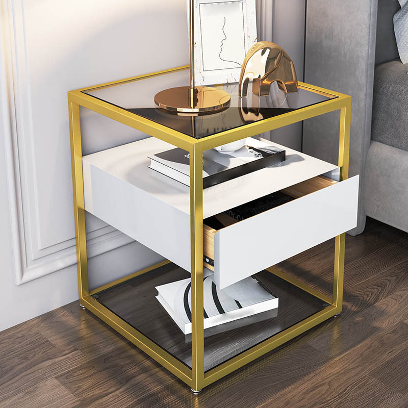 Modern Style Metallic White/gold/black Tempered Glass Table Top Nightstand Clearhalo 'Bedroom Furniture' 'furn' 'furn_night_stand' 'Furniture' 'night_stand' 'Nightstands' 5161919