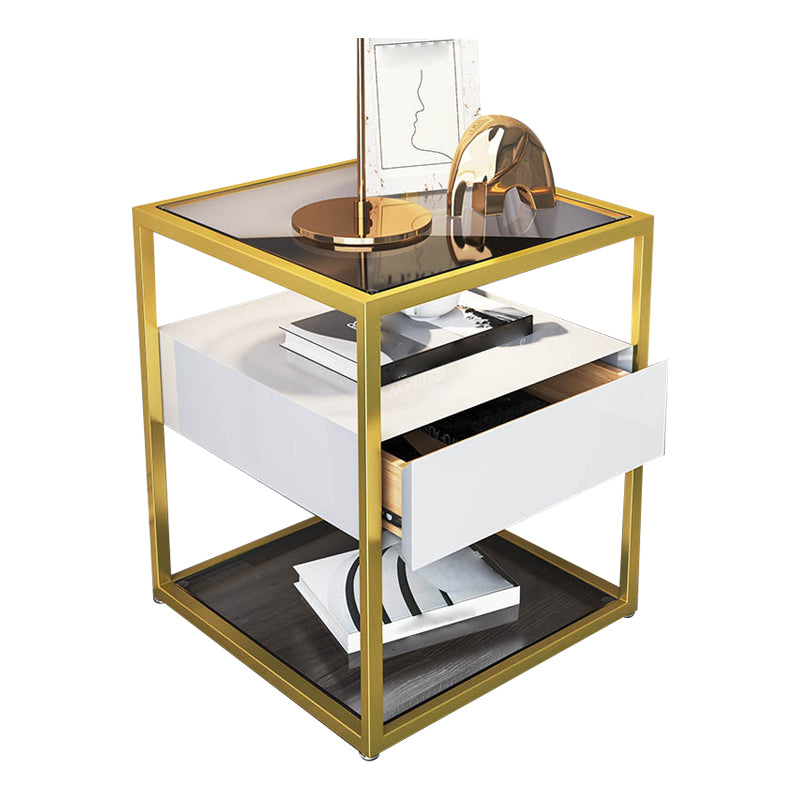 Modern Style Metallic White/gold/black Tempered Glass Table Top Nightstand Gold-White 1 Clearhalo 'Bedroom Furniture' 'furn' 'furn_night_stand' 'Furniture' 'night_stand' 'Nightstands' 5161921