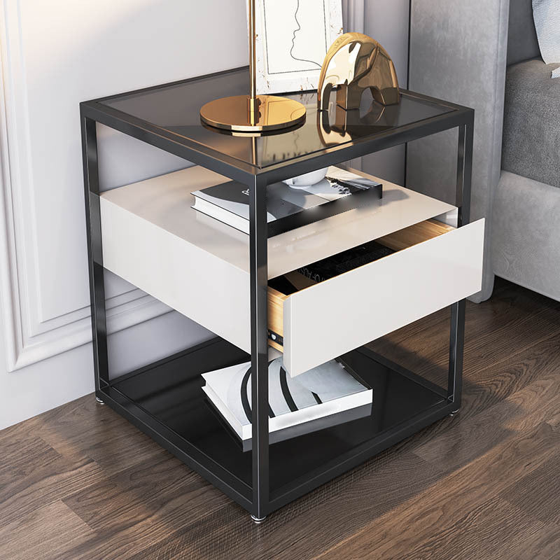 Modern Style Metallic White/gold/black Tempered Glass Table Top Nightstand Black White Gray 1 Clearhalo 'Bedroom Furniture' 'furn' 'furn_night_stand' 'Furniture' 'night_stand' 'Nightstands' 5161922
