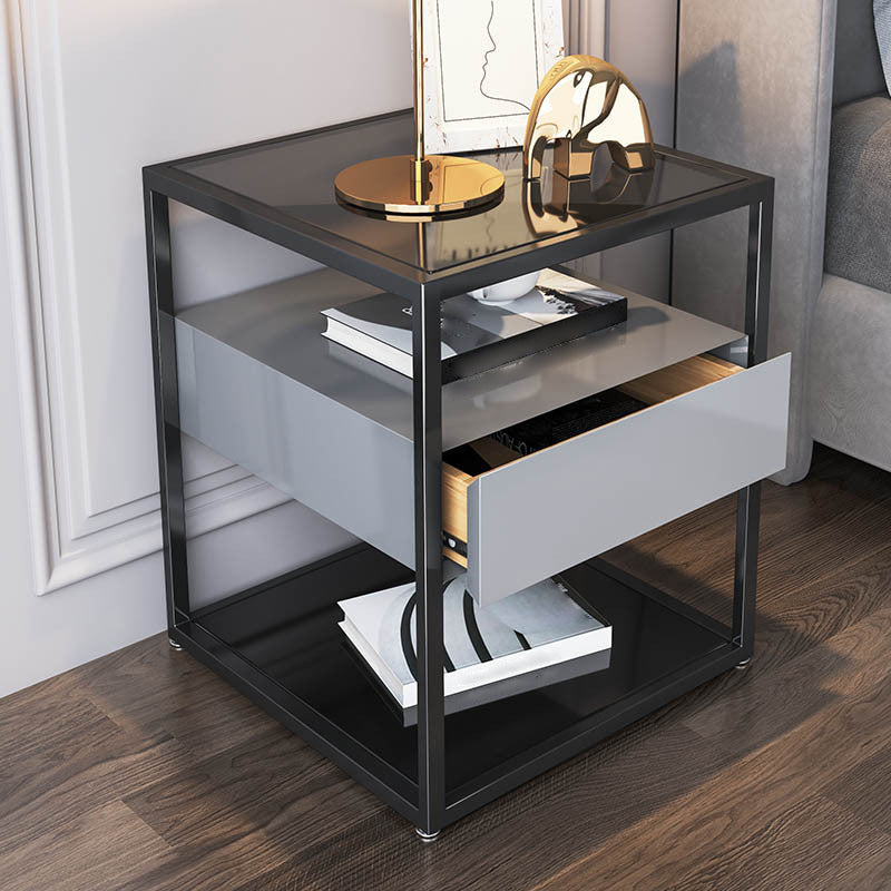 Modern Style Metallic White/gold/black Tempered Glass Table Top Nightstand Grey Black Grey 1 Clearhalo 'Bedroom Furniture' 'furn' 'furn_night_stand' 'Furniture' 'night_stand' 'Nightstands' 5161926