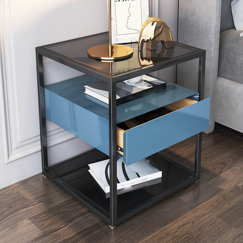 Modern Style Metallic White/gold/black Tempered Glass Table Top Nightstand Black Blue Grey 1 Clearhalo 'Bedroom Furniture' 'furn' 'furn_night_stand' 'Furniture' 'night_stand' 'Nightstands' 5161928