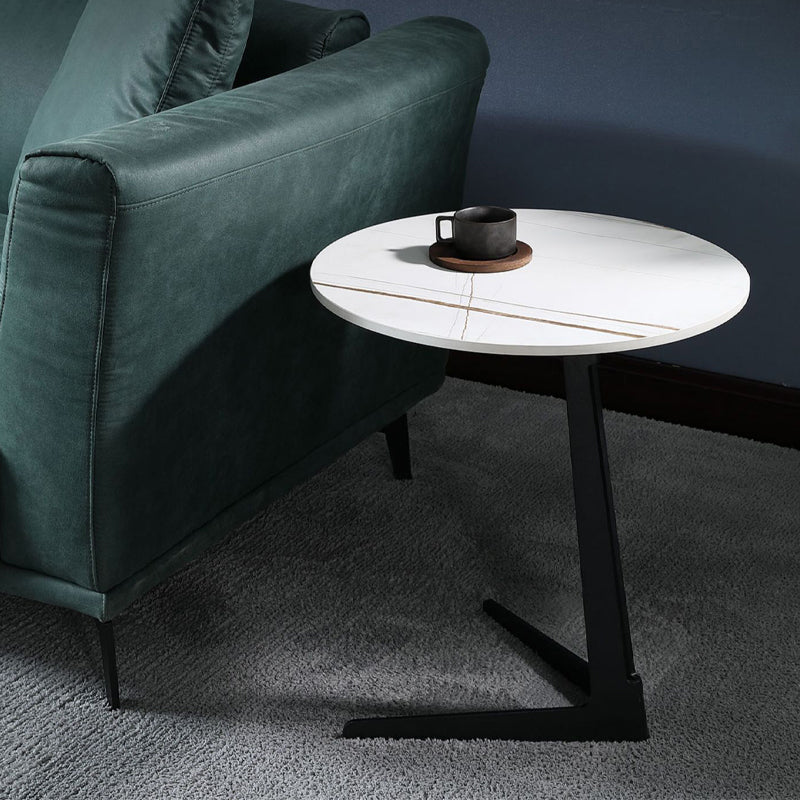 1 Mesa de café de pizarra de pedestal de una sola redonda para sala de estar con patas de acero