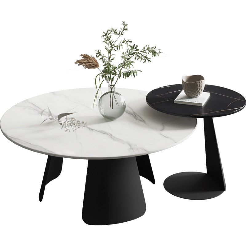 Modern Black and White Coffee Table Round Slate and Metal Table