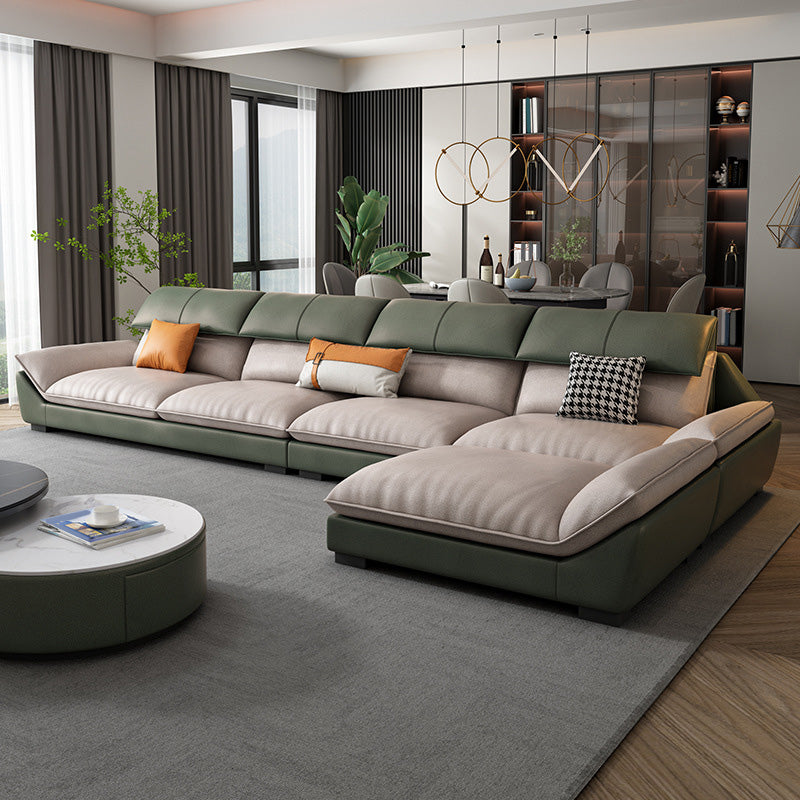 4-seat Faux Leather Retro Sofa & Chaise Grey Pillow Top Arm Sofa