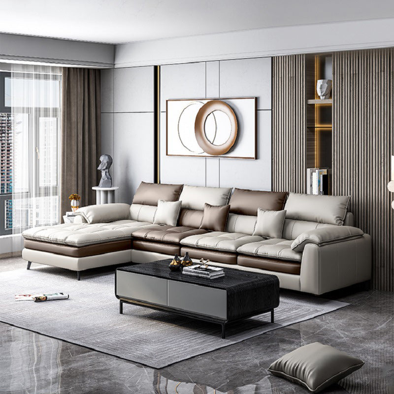 Brown Pillow Top Arm Sofa & Chaise Sewn Pillow Back Sofa - 35.43" H Clearhalo 'furn' 'furn_sectionals' 'Furniture' 'Living Room Furniture' 'Sectionals' 5163119