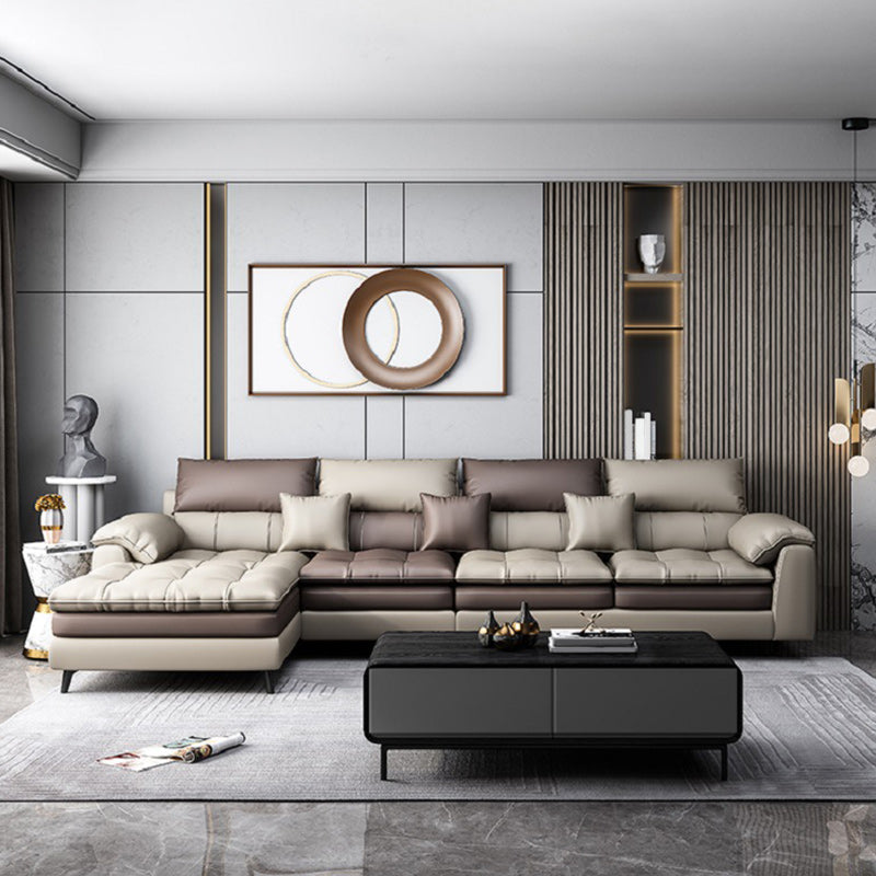 Brown Pillow Top Arm Sofa & Chaise Sewn Pillow Back Sofa - 35.43" H Clearhalo 'furn' 'furn_sectionals' 'Furniture' 'Living Room Furniture' 'Sectionals' 5163120