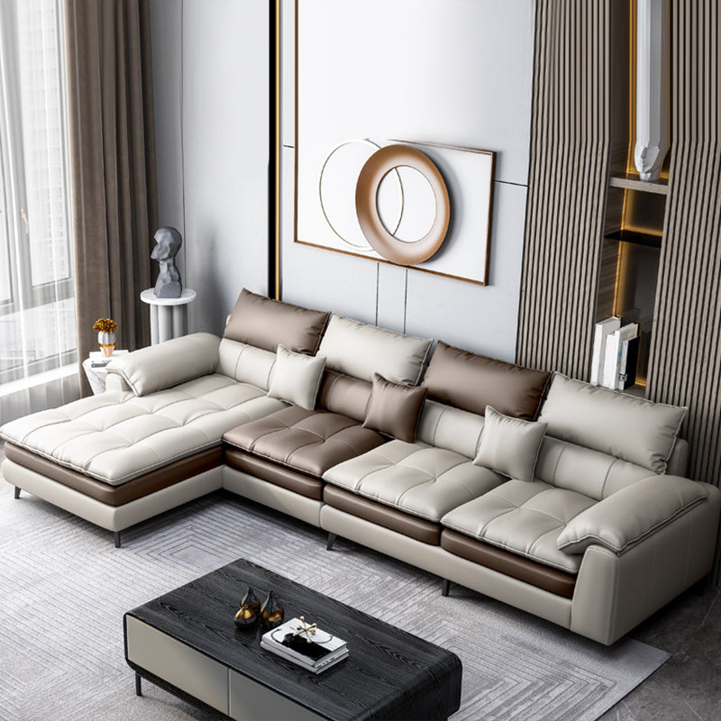 Brown Pillow Top Arm Sofa & Chaise Sewn Pillow Back Sofa - 35.43" H Clearhalo 'furn' 'furn_sectionals' 'Furniture' 'Living Room Furniture' 'Sectionals' 5163121