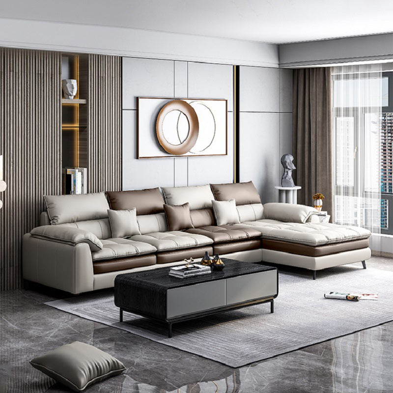 Brown Pillow Top Arm Sofa & Chaise Sewn Pillow Back Sofa - 35.43" H Clearhalo 'furn' 'furn_sectionals' 'Furniture' 'Living Room Furniture' 'Sectionals' 5163122