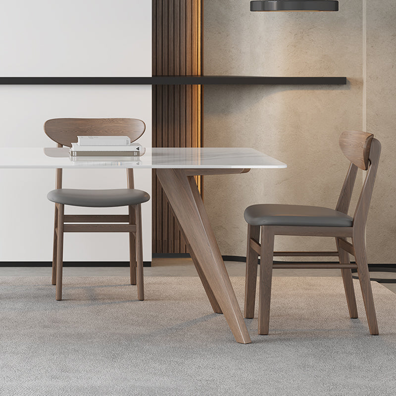 Modern Sintered Stone White Table Dining Table with Wooden Base and 4 Legs