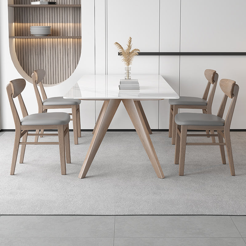 Modern Sintered Stone White Table Dining Table with Wooden Base and 4 Legs