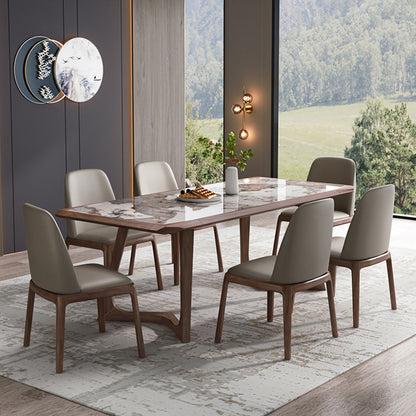 Modern Brown Finish Legs Dining Site Table Stone Top Double Pedestal Table Pandora Gold 55.1"L x 31.5"W x 29.5"H Without Chairs Clearhalo 'Dining Tables & Seating' 'Dining Tables' 'dining_table' 'furn' 'furn_dining_table' 'Furniture' 'Kitchen & Dining Furniture' 5166020