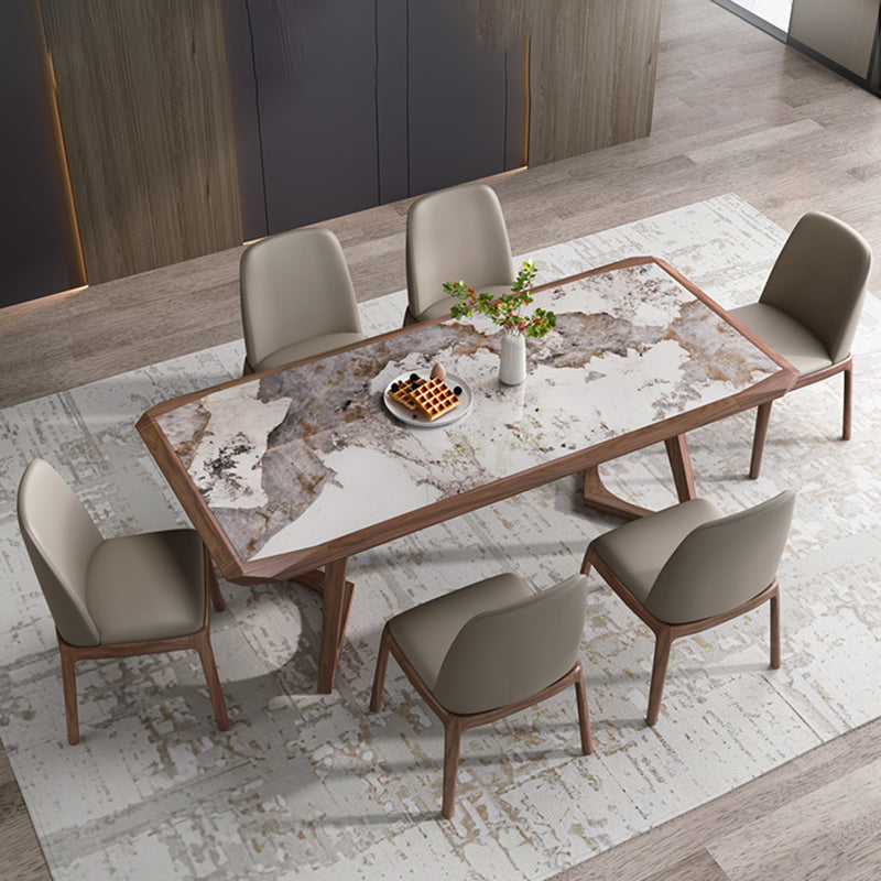 Modern Brown Finish Legs Dining Site Table Stone Top Double Pedestal Table Pandora Gold 63"L x 31.5"W x 29.5"H Without Chairs Clearhalo 'Dining Tables & Seating' 'Dining Tables' 'dining_table' 'furn' 'furn_dining_table' 'Furniture' 'Kitchen & Dining Furniture' 5166021
