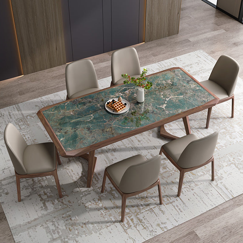 Modern Brown Finish Legs Dining Site Table Stone Top Double Pedestal Table Green 70.9"L x 35.4"W x 29.5"H Without Chairs Clearhalo 'Dining Tables & Seating' 'Dining Tables' 'dining_table' 'furn' 'furn_dining_table' 'Furniture' 'Kitchen & Dining Furniture' 5166022