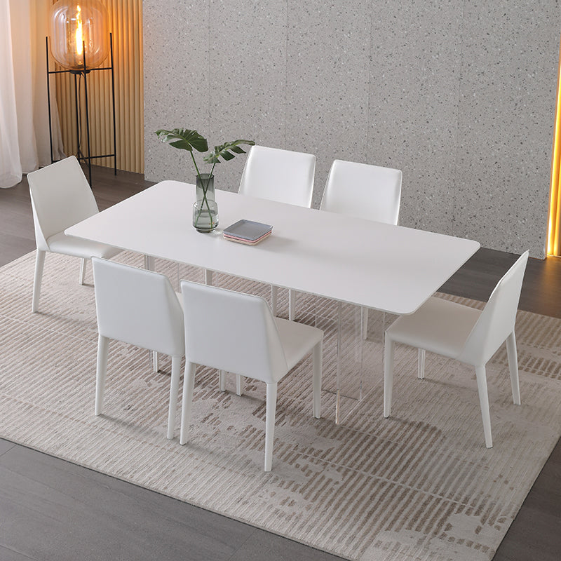 Modern Sintered Tone Top Dining Table Rectangle White with Acrylic Double Pedestal