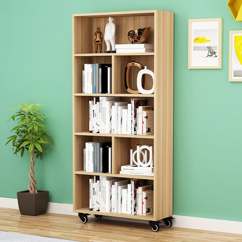 Contemporary Standard Bookcase Vertical Closed Back Bookshelf with Wheels 31.5"L x 11.8"W x 63"H Natural Clearhalo 'Bookcases' 'furn' 'furn_bookcases' 'Furniture' 'Office Furniture' 5172102