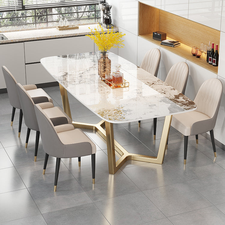 Luxury Sintered Stone Dining Table Rectangle Table with Gold Trestle Base 55.1"L x 31.5"W x 29.5"H Without Chairs Clearhalo 'Dining Tables & Seating' 'Dining Tables' 'dining_table' 'furn' 'furn_dining_table' 'Furniture' 'Kitchen & Dining Furniture' 5173899