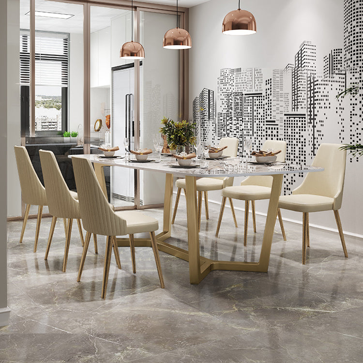 Luxury Sintered Stone Dining Table Rectangle Table with Gold Trestle Base 63"L x 31.5"W x 29.5"H Without Chairs Clearhalo 'Dining Tables & Seating' 'Dining Tables' 'dining_table' 'furn' 'furn_dining_table' 'Furniture' 'Kitchen & Dining Furniture' 5173900