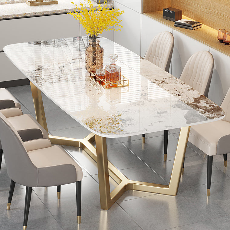 Luxury Sintered Stone Dining Table Rectangle Table with Gold Trestle Base 70.9"L x 35.4"W x 29.5"H Without Chairs Clearhalo 'Dining Tables & Seating' 'Dining Tables' 'dining_table' 'furn' 'furn_dining_table' 'Furniture' 'Kitchen & Dining Furniture' 5173902