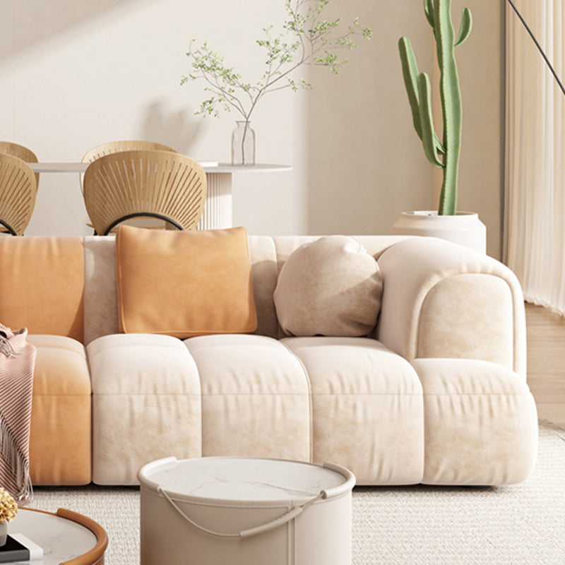 Contemporary Sewn Pillow Back Recessed Arm Sofa Couch in Orange/white