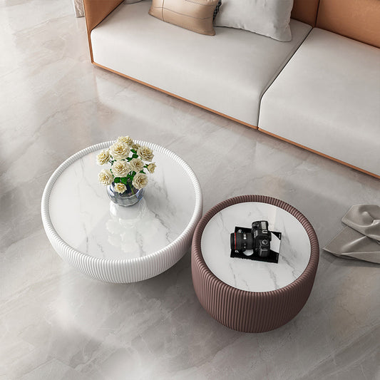 Square Block Base Cocktail Table Rock Plate Desktop Round Coffee Table with Metal Base